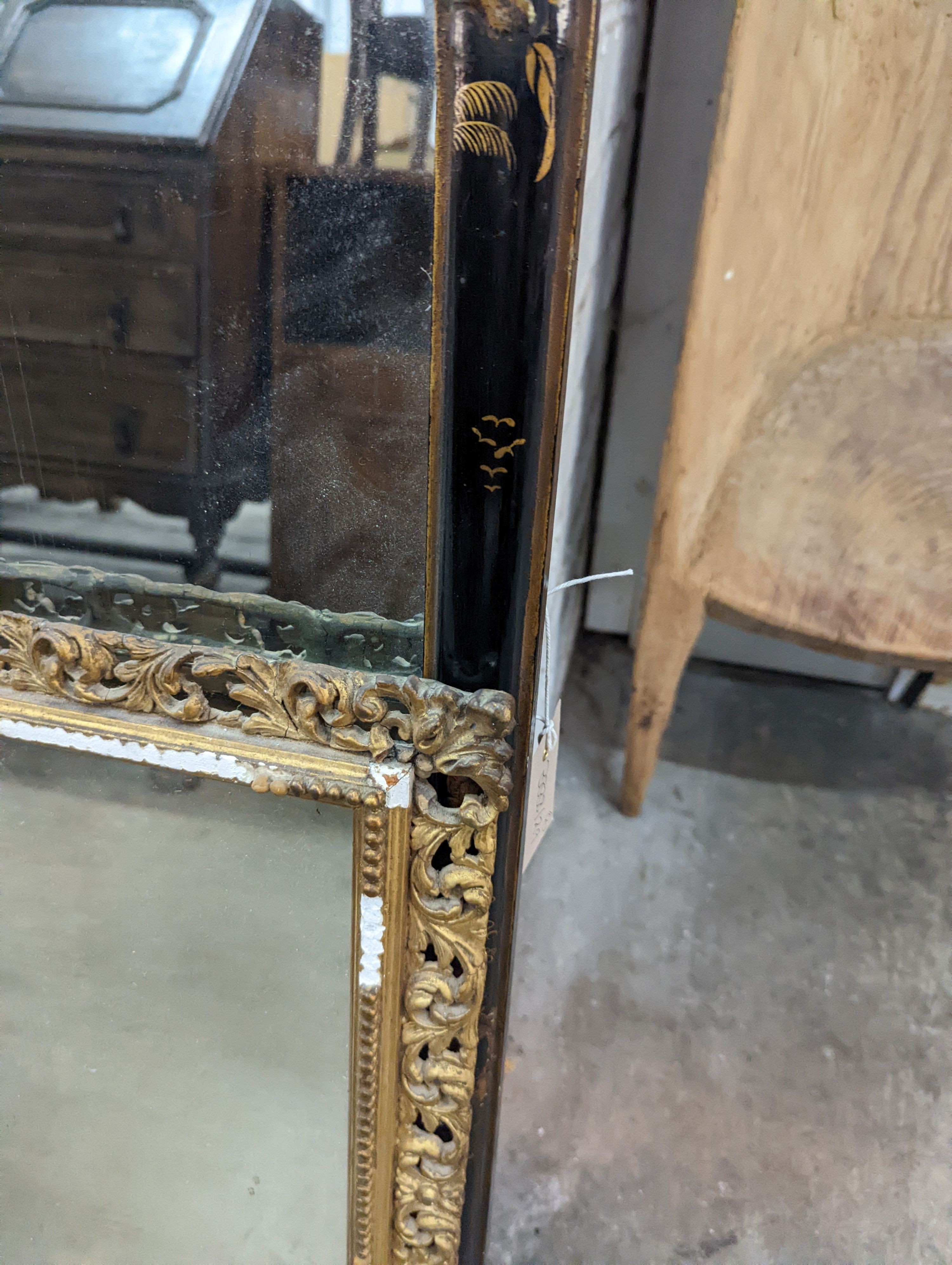 An early 20th century rectangular chinoiserie lacquer wall mirror, width 45cm, height 78cm together with a square giltwood and gesso wall mirror